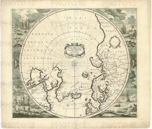 Map, Poli Arctici, et circumiacentium terrarum descriptio novissima., Copperplate print