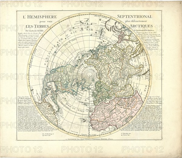 Map, L’hemisphere septentrional pour voir plus distinctement les terres arctiques par Guillaume Delisle de lAcademie Rle. des Sciences rectifier selon la carte de monsieur Jean Kyrilow ... = verbetert na de kaart van den heer Johannes Kyrilow ..., Guillaume Delisle (1675-1726), Ivan Kyrilov (1689-1737), Copperplate print