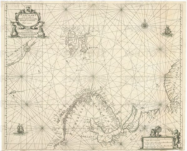 Map, Pascaart van de zee-custen van Ruslant, Laplant, Finmarcken, Spitsbergen en Novazemla, Copperplate print