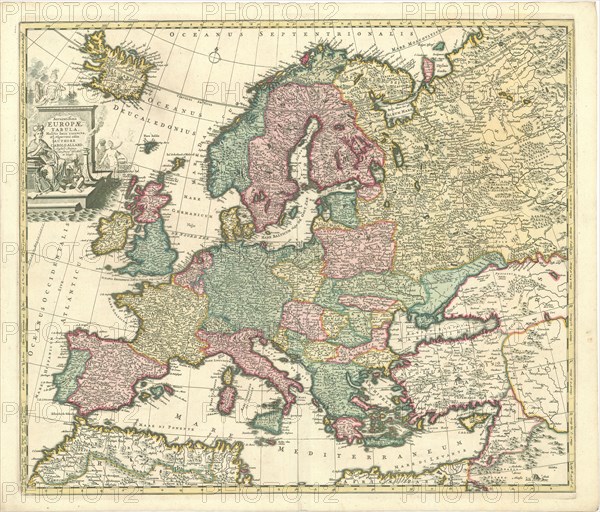 Map, Accuratissima Europae tabula multis locis correcta, et nuperrime edita authore Carolo Allard Ph. Tideman del. G. v. Gouwen sc, Carel Allard (1648-1709), Philip Tiedeman (1657-1705), Gilliam van der Gouwen, Copperplate print