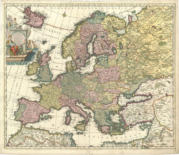 Map, Accuratissima Europae tabula multis locis correcta, et nuperrime edita authore Carolo Allard Ph. Tideman del. G. v. Gouwen sc, Carel Allard (1648-1709), Philip Tiedeman (1657-1705), Gilliam van der Gouwen, Copperplate print