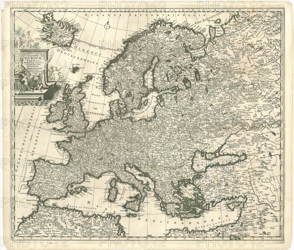 Map, Accuratissima Europae tabula multis locis correcta, et nuperrime edita authore Carolo Allard Ph. Tideman del. G. v. Gouwen sc, Carel Allard (1648-1709), Philip Tiedeman (1657-1705), Gilliam van der Gouwen, Copperplate print