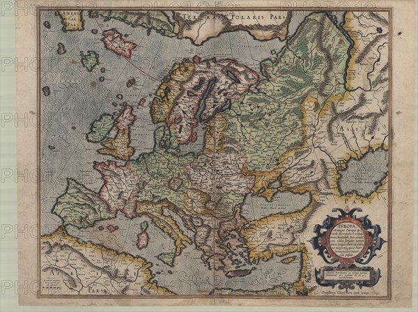 Map, vropa, ad magnæ Europæ Gerardi Mercatoris P. imitationem, Rumoldi Mercatoris F. cura edita, servato tamen initio longitudinis ex ratione magnetis, quod Pater in magna sua universali posuit, Gerard Mercator (1512-1594), Rumold Mercator (c.1545-1599), Copperplate print