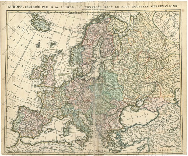 Map, Europe, composée par G. de L’Isle, et corrigée selon le plus nouvelle observations, Guillaume Delisle (1675-1726), Copperplate print