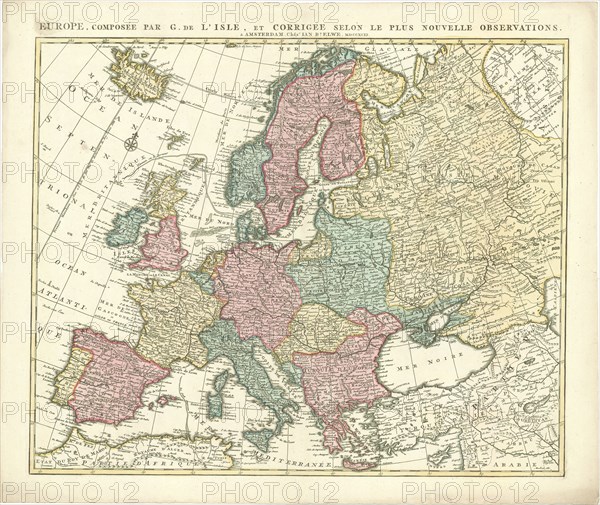 Map, Europe, composée par G. de L’Isle, et corrigée selon le plus nouvelle observations, Guillaume Delisle (1675-1726), Copperplate print