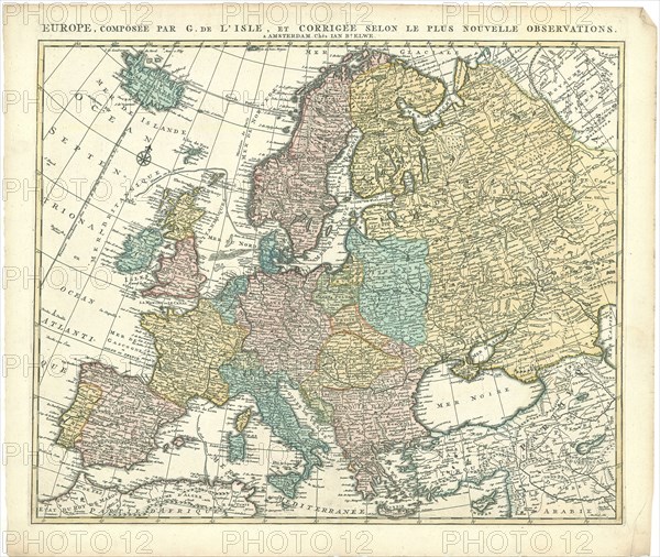 Map, Europe, composée par G. de L’Isle, et corrigée selon le plus nouvelle observations, Guillaume Delisle (1675-1726), Copperplate print