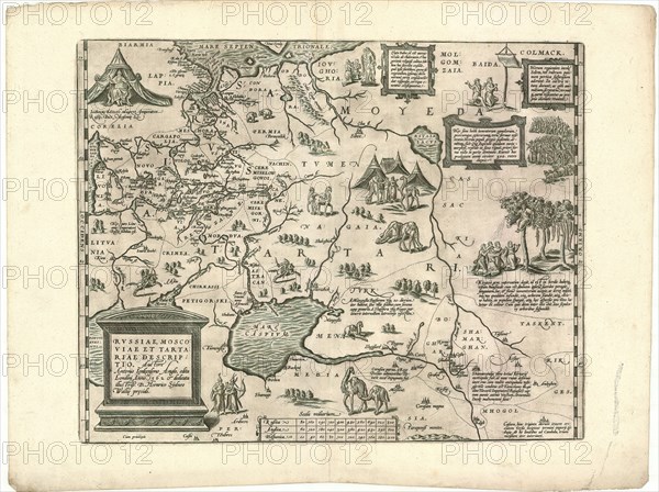 Map, Rvssiae, Moscoviae et Tartariae descriptio auctore Antonio Ienkensono Anglo, edita Londini anno 1562 & dedicata illustriss. D. Henrico S?dneo Wallie presidi, Anthony Jenkinson (-1611), Abraham Ortelius (1527-1598), Copperplate print