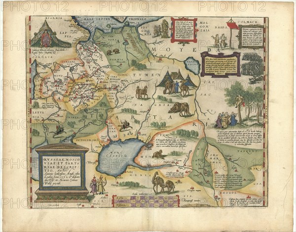 Map, Rvssiae, Moscoviae et Tartariae descriptio auctore Antonio Ienkensono Anglo, edita Londini anno 1562 & dedicata illustriss. D. Henrico S?dneo Wallie presidi, Anthony Jenkinson (-1611), Abraham Ortelius (1527-1598), Copperplate print