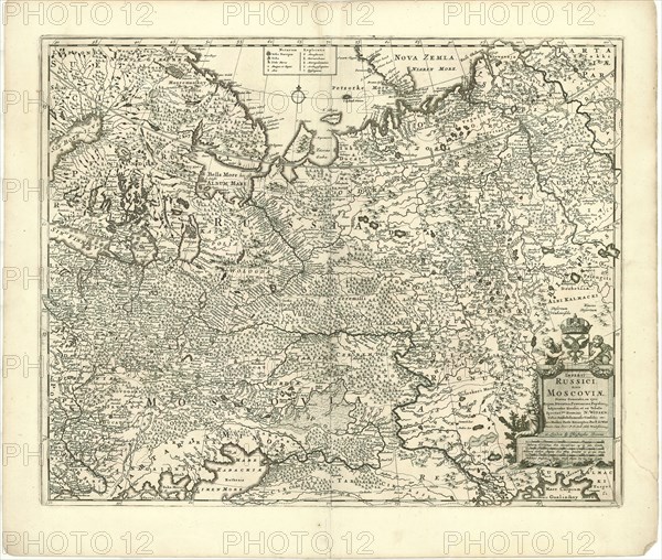 Map, Imperii Russici, sive Moscoviæ status generalis in ejus regna, ducatus, provincias populosque subjacentes divisus et ex tabula spectat.mi domini N. Witsen ... pro maiori parte excerptus per F. de Witt Amst, Frederick de Wit (1630-1706), Nicolaes Witsen (1641-1717), Copperplate print