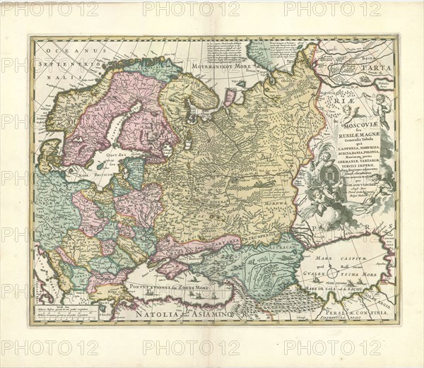 Map, Moscoviæ seu Russiæ magnæ generalis tabula quâ Lapponia, Norvegia, Suecia, Dania, Polonia, maximæq partes Germaniæ, Tartariæ, Turcici Imperii, aliæq regeiones adjacentes simul ostendutur, de novo correcta et edita per Nicolavm Visscher, Nicolaes Jansz Visscher (1618-1679), Copperplate print