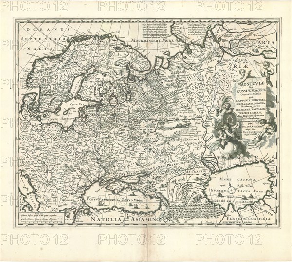 Map, Moscoviæ seu Russiæ magnæ generalis tabula quâ Lapponia, Norvegia, Suecia, Dania, Polonia, maximæq partes Germaniæ, Tartariæ, Turcici Imperii, aliæq regeiones adjacentes simul ostendutur, de novo correcta et edita per Nicolavm Visscher, Nicolaes Jansz Visscher (1618-1679), Copperplate print