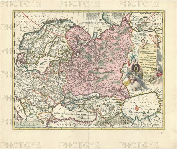 Map, Moscoviæ seu Russiæ magnæ generalis tabula quâ Lapponia, Norvegia, Suecia, Dania, Polonia, maximæq partes Germaniæ, Tartariæ, Turcici Imperii, aliæq regeiones adjacentes simul ostendutur, de novo correcta et edita per Nicolavm Visscher, Nicolaes Jansz Visscher (1618-1679), Copperplate print