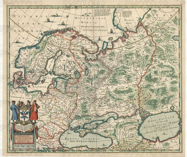 Map, Moscoviæ seu Russiæ magnæ generalis tabula quâ Lapponia, Norvegia, Suecia, Dania, Polonia, maximæq partes Germaniæ, Tartariæ, Turcici Imperii, aliæq regeiones adjacentes simul ostendutur, de novo correcta et edita per Nicolavm Visscher, Nicolaes Jansz Visscher (1618-1679), Copperplate print