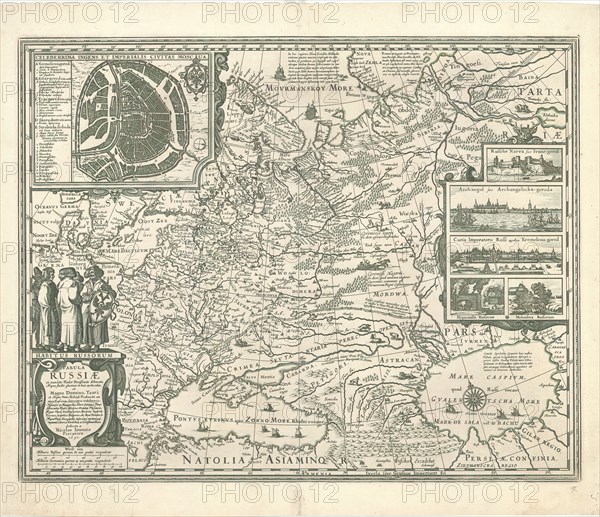 Map, Tabula Russiæ ex mandato Foedor Borissovitsj delineata magna studio plurimis in locis aucta edita et magno domino, Tzari et magno duci Michäeli Foedrowits omnium Russorum, autocratori... dedicata a Nicolao Ioannis Piscatore, Fjodor Borissovitsj Godoenov (17th century), Copperplate print