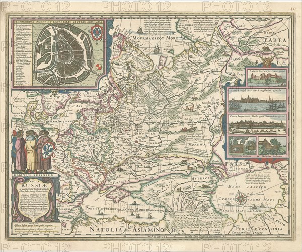 Map, Tabula Russiæ ex mandato Foedor Borissovitsj delineata magna studio plurimis in locis aucta edita et magno domino, Tzari et magno duci Michäeli Foedrowits omnium Russorum, autocratori... dedicata a Nicolao Ioannis Piscatore, Fjodor Borissovitsj Godoenov (17th century), Copperplate print