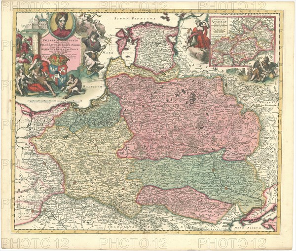 Map, Friderico Augusto vere augusto Polon. Lithuan. Borus. Pomer regi. duci. principi. Saxon. Utr. duci. S. Imp. Elect. Haec Imperii sui regna P. Schenkius ... exc, Petrus Schenk (1660-1718/9), Copperplate print