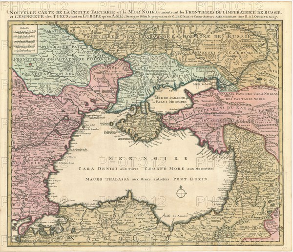 Map, Nouvelle carte de la petite Tartarie et la Mer Noire montrant les frontieres de l’Imperatrice de Russie et l’Empereur des Turcs, tant en Europe qu’en Asie dessigne selon la proposition de G. de l’Isle et d’autre auteurs, Guillaume Delisle (1675-1726), Reinier Ottens (1698-1750), Josua Ottens (1704-1765), Copperplate print