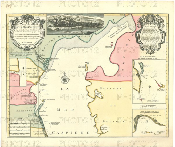 Map, Carte marine de la Mer Caspiene levée suivant les ordres de S.M. czariene, par Mr. Carl Vanverden en 1719, 1720, et 1721, et reduite au meridien de Paris par Guillaume Delisle premier geographe du Roy ..., Guillaume Delisle (1675-1726), Carl Vanverden, Copperplate print