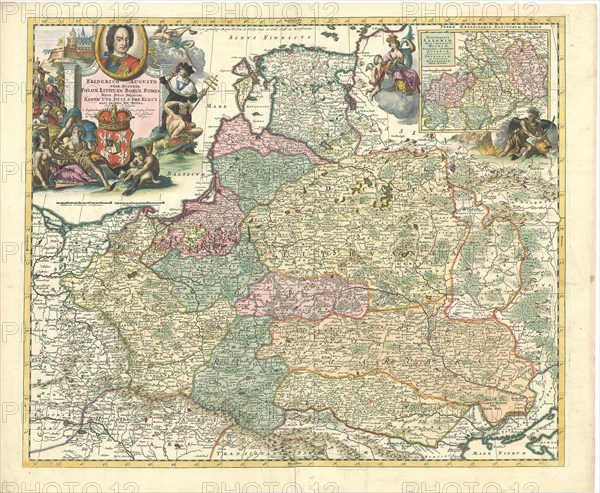 Map, Friderico Augusto vere augusto Polon. Lithuan. Borus. Pomer regi. duci. principi. Saxon. Utr. duci. S. Imp. Elect. Haec Imperii sui regna, Petrus Schenk (1693-1775), Copperplate print