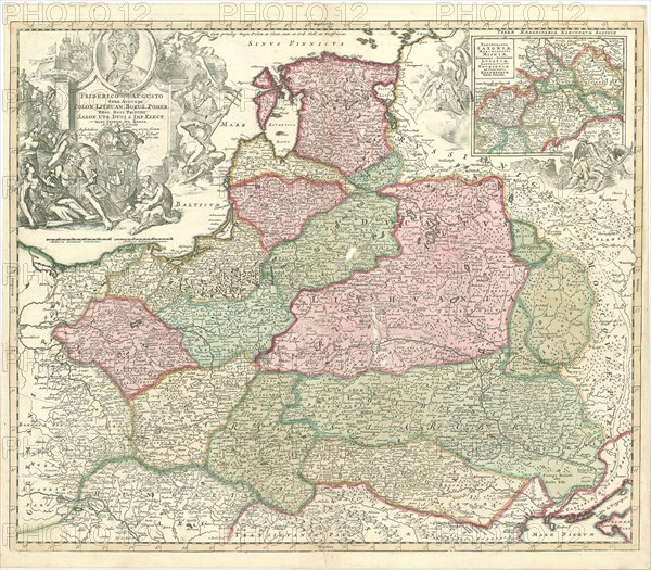 Map, Friderico Augusto vere augusto Polon. Lithuan. Borus. Pomer regi. duci. principi. Saxon. Utr. duci. S. Imp. Elect. Haec Imperii sui regna, Petrus Schenk (1693-1775), Copperplate print