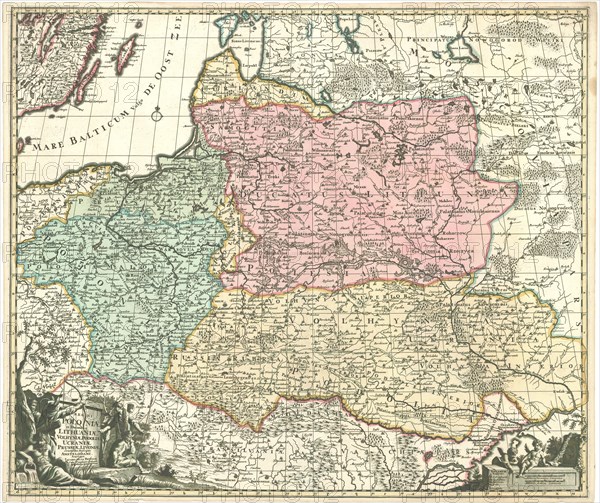 Map, Regni Poloniæ et ducatus Lithuaniæ Volhyniæ, Podoliæ Ucraniæ Prussiæ Livoniæ, Jacobus de LaFeuille (1668-1719), Copperplate print