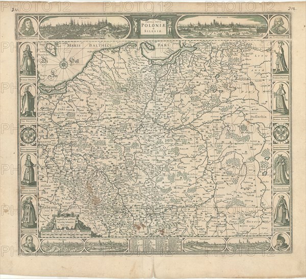 Map, Tabula nova Poloniæ et Silesiæ, Abraham Goos (c.1590-1643), Copperplate print