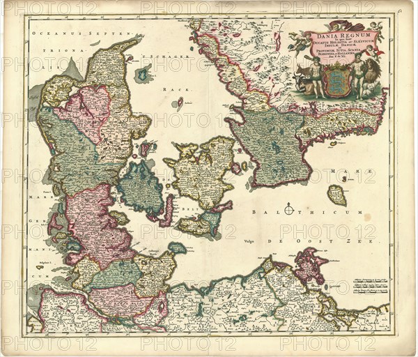 Map, Dania regnum in quo sunt ducatus Holsatia et Slesvicum insulae Danicae et provinciae Iutia, Scania, Blekingia et Hallandia, Frederick de Wit (1610-1698), Copperplate print