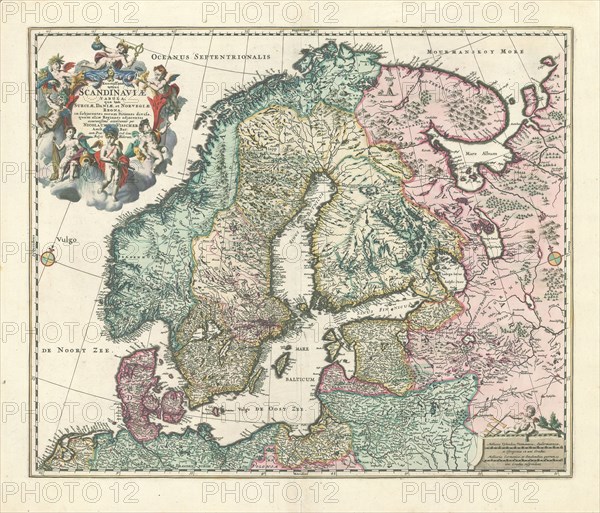 Map, Exactissima totius Scandinaviæ tabula, qua tam Sueciæ, Daniæ, et Norvegiæ regna, in subjacentes eorum ditiones divisa, quam aliæ regiones adjacates:, Nicolaes Jansz Visscher (1618-1679), Copperplate print