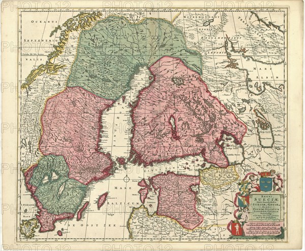 Map, Regni Sueciae tabula generalis, divisa in Sueciae, Gotiaeque regna Finniae ducatum Lapponiam, Livoniam Ingriamque et in omnes subiacentes provincias, Frederick de Wit (1610-1698), Copperplate print