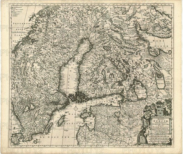 Map, Regni Sueciae tabula generalis, divisa in Sueciae, Gotiaeque regna Finniae ducatum Lapponiam, Livoniam Ingriamque et in omnes subiacentes provincias, Frederick de Wit (1610-1698), Copperplate print