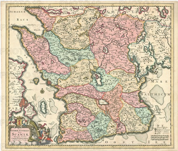 Map, Nova Gothiae australis sive Scaniae descriptio auctore Cornelis Danckerts A. Schut schulp, Cornelis Danckerts (1664-1717), Albert Schut, Copperplate print