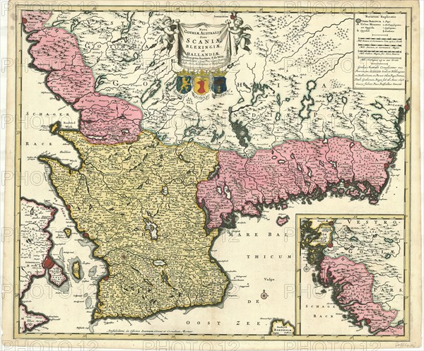 Map, Nova Gothiæ australis sive Scaniæ Blekingiæ, et Hallandiæ descriptio, Frederick de Wit (1610-1698), Copperplate print