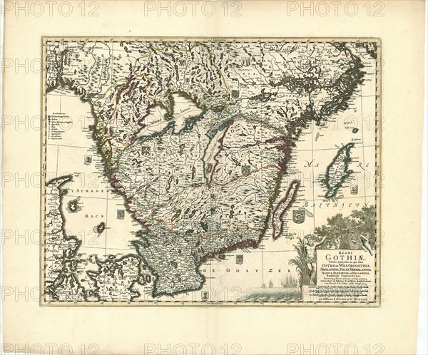 Map, Regni Gothiae tabula generalis, in qua sontOstro et Westrogothia, Smalandia, Dalia, Vermelandia, Scania, Blekingia et Hallandia, Bahusiae prefectura, insulaeque Gotlandia et Oelandia, Frederick de Wit (1610-1698), Copperplate print