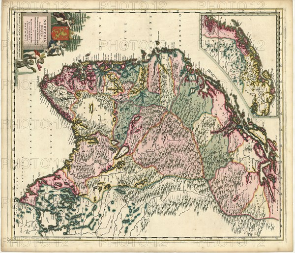 Map, Norvegia regnum divisum in suos dioeceses Nidrosiensem, Bergensem, Opsloensem, et Stavangriensem et praefecturam Bahusiae quae et sont subdivisa in in caeteras partes minores, Frederick de Wit (1610-1698), Copperplate print