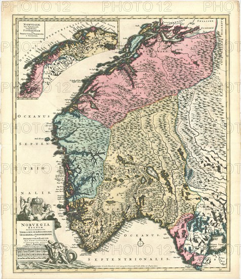 Map, Norvegia regnum divisum in suos dioeceses Nidrosiensem, Bergensem, Opsloensem, et Stavangriensem et praefecturam Bahusiae quae et sont subdivisa in caeteras partes minores per C, Danckerts Amstelodami, Cornelis Danckerts (1603-1656), Copperplate print