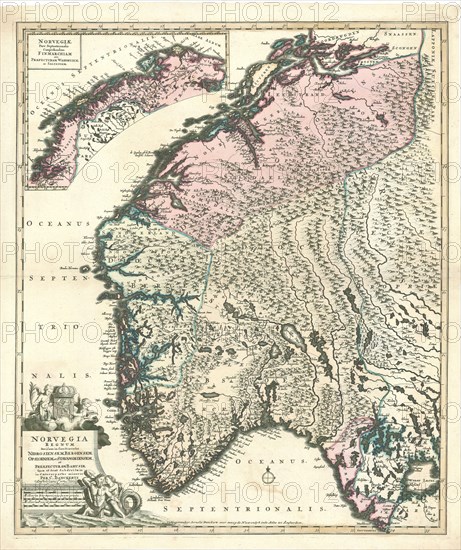 Map, Norvegia regnum divisum in suos dioeceses Nidrosiensem, Bergensem, Opsloensem, et Stavangriensem et praefecturam Bahusiae quae et sont subdivisa in caeteras partes minores, Cornelis Danckertsz (1664-1717), Copperplate print