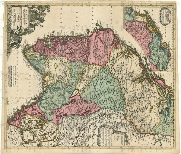 Map, Regni Norvegia nova tabula in quinque praefecturas generalis Aggerhusiensem, Bergensem, Nidrosiensem, Warhusiae et Bahusiae accurate divisa cum subdivisiones in partes minores, Frederick de Wit (1610-1698), Copperplate print