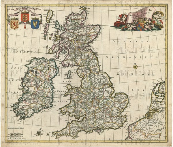 Map, Nova totius Angliae, Scotiae, et Hiberniae tab:, Frederick de Wit (1610-1698), Copperplate print