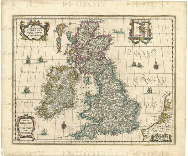 Map, Nieuwe perfecte carte van Engelant Schotlant en Ierlant, Frederick de Wit (1610-1698), Copperplate print