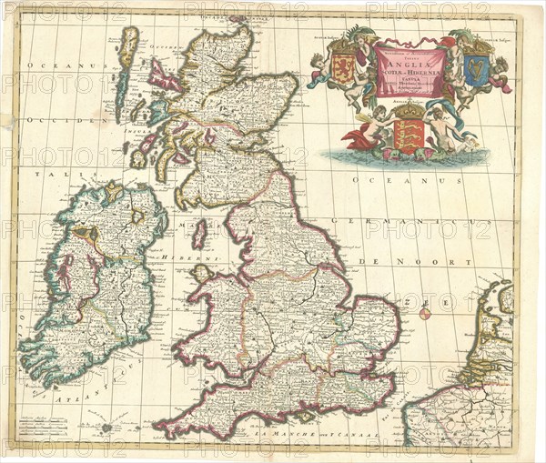 Map, Novissima et accuratissima totius Angliæ, Scotiæ et Hiberniæ tabula, Theodorus Danckerts (1663-1727), Copperplate print