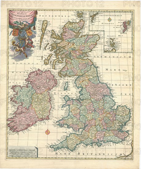 Map, Novissima præ cæteris aliis accuratissima regnorum Angliæ, Scotiæ, Hiberniæ, Petrus Schenk (1693-1775), Copperplate print