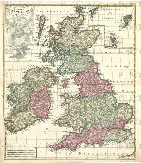 Map, Novissima præ cæteris aliis accuratissima regnorum Angliæ, Scotiæ, Hiberniæ, Petrus Schenk (1693-1775), Copperplate print