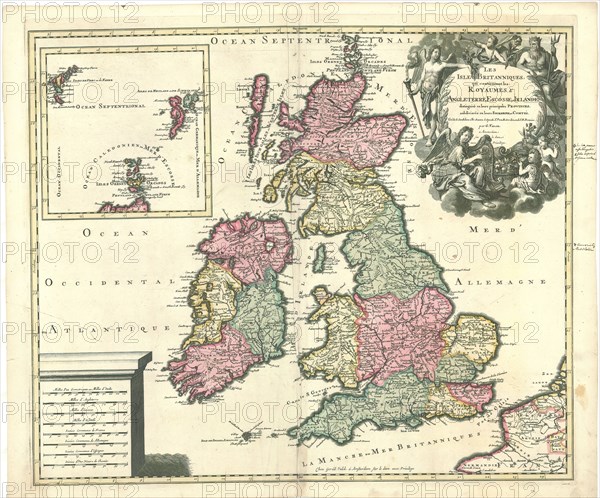 Map, Les isles britanniques, qui contiennent les royaumes d'Angleterre, Escosse et Irlande, distinguiés en leurs principales provinces, subdivisées en leurs shireries et comtés, Gerhard Valk (-1726), Copperplate print