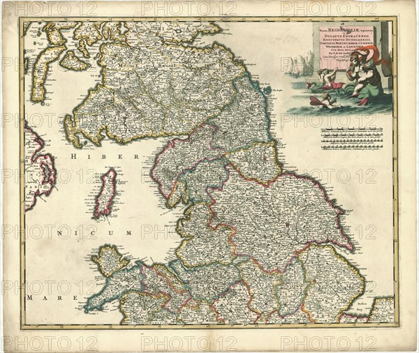 Map, Tractus regni Angliae septentrion. in quo ducatus Eboracensis, episcopatus Dunelmensis, comitatus Northumbriae, Cumbriae, Westmoriae, et Lancastriae cum Mona insula, Frederick de Wit (1610-1698), Copperplate print