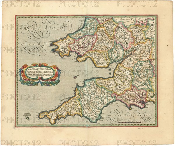 Map, Cornvbia, Devonia, Somersetvs, Dorcestria, Wiltonia, Glocestria, Monvmetha, Clamorga, Caermarde, Penbrok, Cardigan, Radnor, Breknoke, Herefordia et Wigornia, Copperplate print