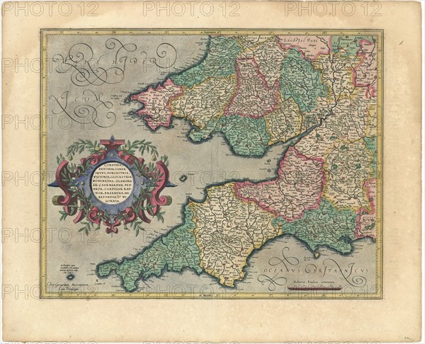 Map, Cornvbia, Devonia, Somersetvs, Dorcestria, Wiltonia, Glocestria, Monvmetha, Clamorga, Caermarde, Penbrok, Cardigan, Radnor, Breknoke, Herefordia et Wigornia, Copperplate print