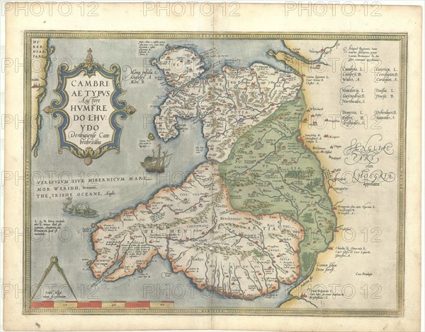 Map, Cambriae typvs, Humphrey Llwyd (1527-1568), Copperplate print