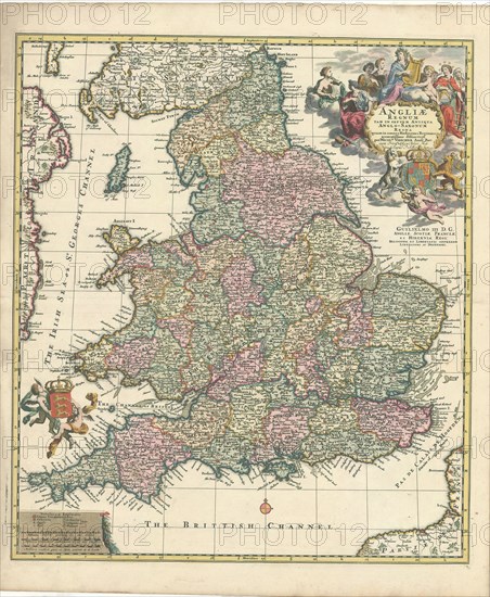 Map, Angliae regnum tam in septem antiqua Anglo-Saxonum regna quam in omnes hodiernas regiones accuratissime distinctum, Nicolaes Jansz. Visscher (1618-1679), Copperplate print