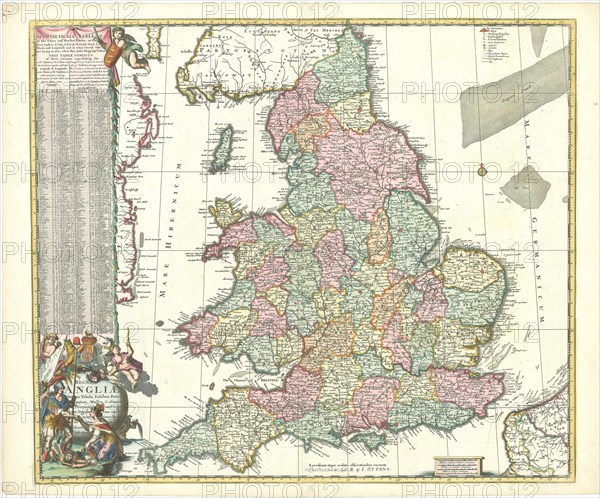 Map, Regni Angliae nova tabula, exhibens principatum Walliae &amp;, aliarum provinciarum, civitatum, oppidorum, una cum itineribus ab uno in aliam civitatem, Copperplate print