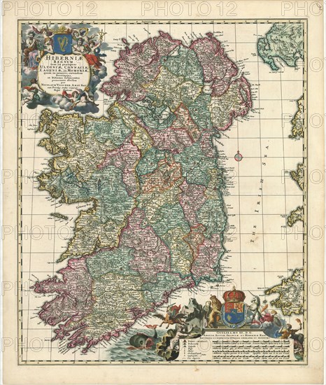 Map, Hiberniae regnum tam in praecipuas Ultoniae, Connaciae, Lageniae, et Momoniae, quam in minores earundem provincias et ditiones subjacentes peraccuraté divisum, Nicolaes Jansz. Visscher (1618-1679), Copperplate print